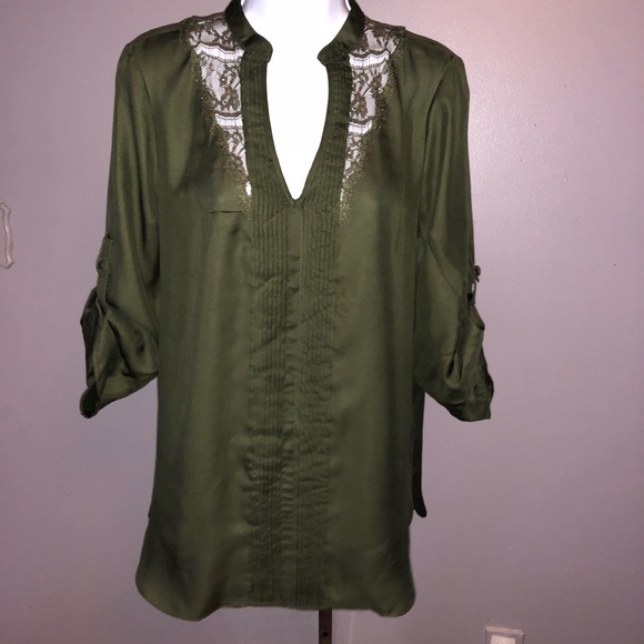 LC Lauren Conrad Olive Silky Lace Blouse - Picture 3 of 4